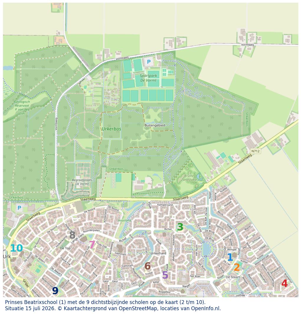 Kaart van de school met de tien dichtsbijzijnde scholen. Hierbij zijn de scholen genummerd van 1 tot en met 10. Nummer 1 is toegekend aan de schoolvestiging zelf: Prinses Beatrixschool.