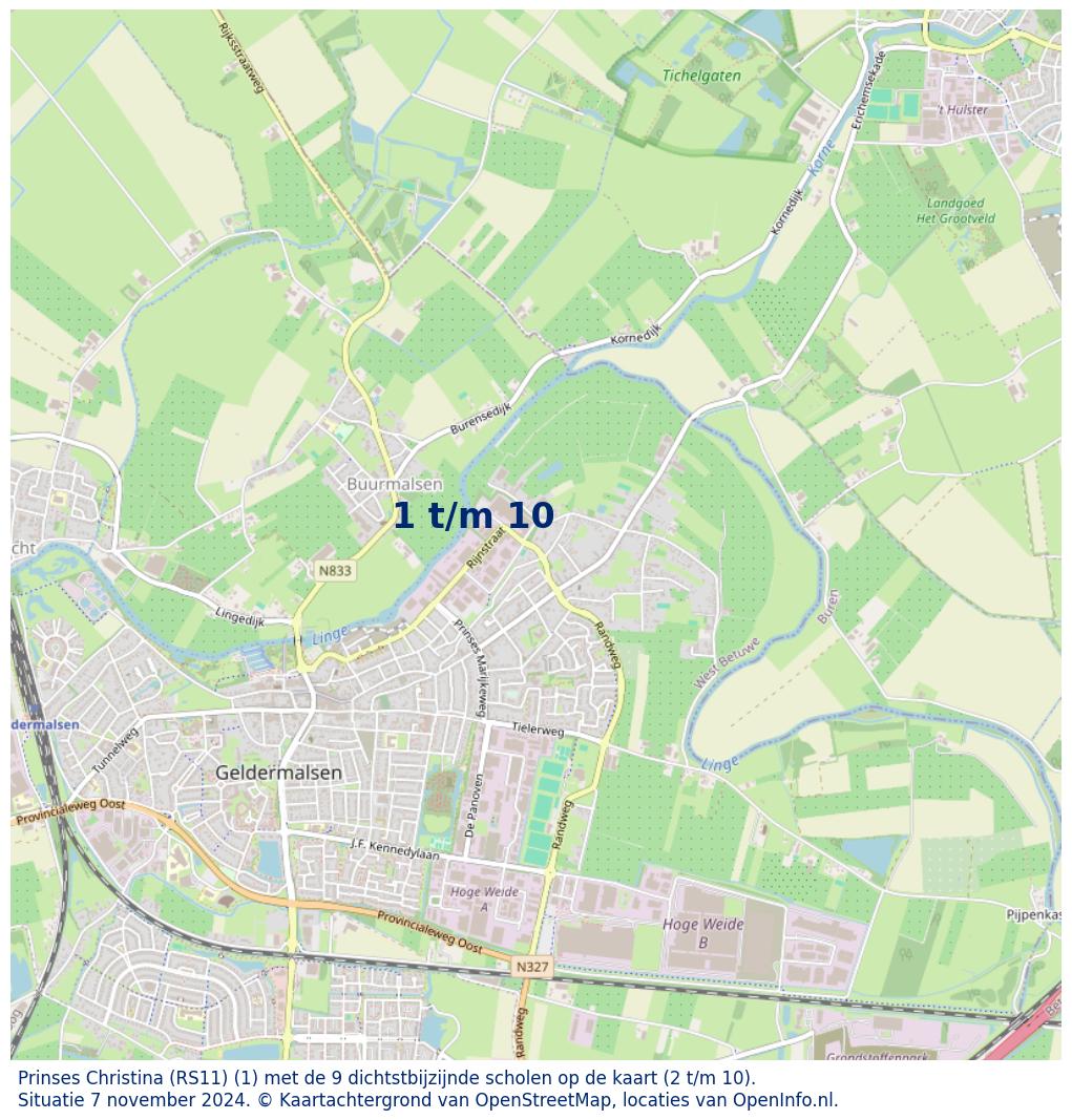 Kaart van de school met de tien dichtsbijzijnde scholen. Hierbij zijn de scholen genummerd van 1 tot en met 10. Nummer 1 is toegekend aan de schoolvestiging zelf: Prinses Christina (RS11).