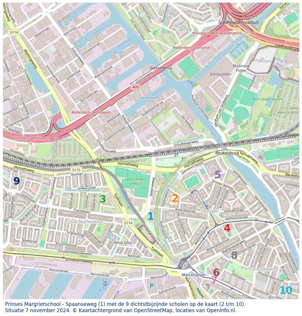 Kaart van de school met de tien dichtsbijzijnde scholen. Hierbij zijn de scholen genummerd van 1 tot en met 10. Nummer 1 is toegekend aan de schoolvestiging zelf: Prinses Margrietschool - Spaanseweg.