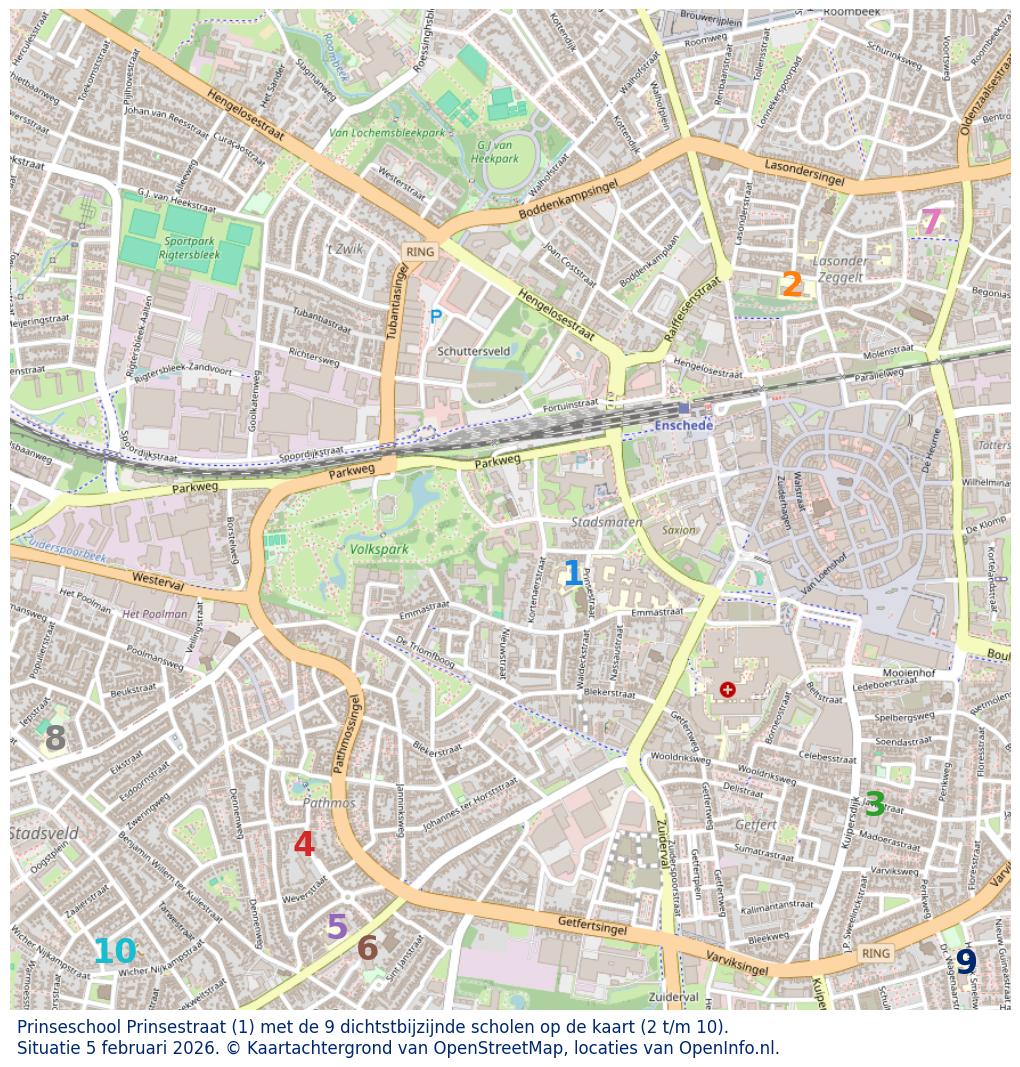 Kaart van de school met de tien dichtsbijzijnde scholen. Hierbij zijn de scholen genummerd van 1 tot en met 10. Nummer 1 is toegekend aan de schoolvestiging zelf: Prinseschool Prinsestraat.