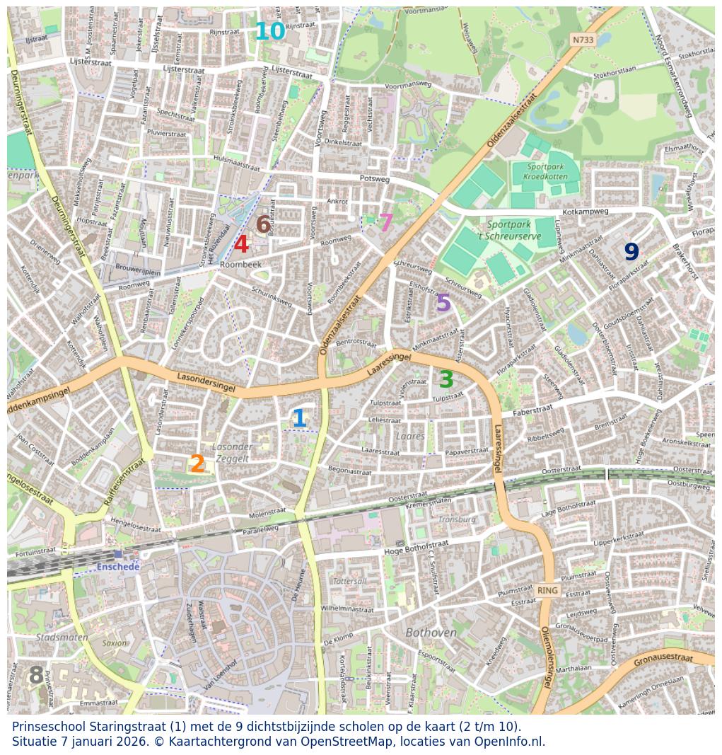 Kaart van de school met de tien dichtsbijzijnde scholen. Hierbij zijn de scholen genummerd van 1 tot en met 10. Nummer 1 is toegekend aan de schoolvestiging zelf: Prinseschool Staringstraat.