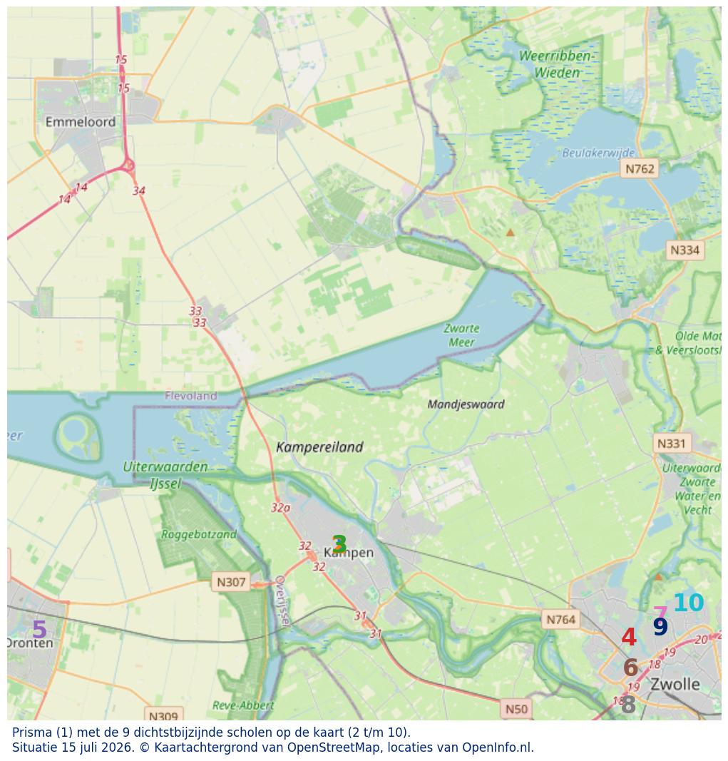 Kaart van de school met de tien dichtsbijzijnde scholen. Hierbij zijn de scholen genummerd van 1 tot en met 10. Nummer 1 is toegekend aan de schoolvestiging zelf: Prisma.