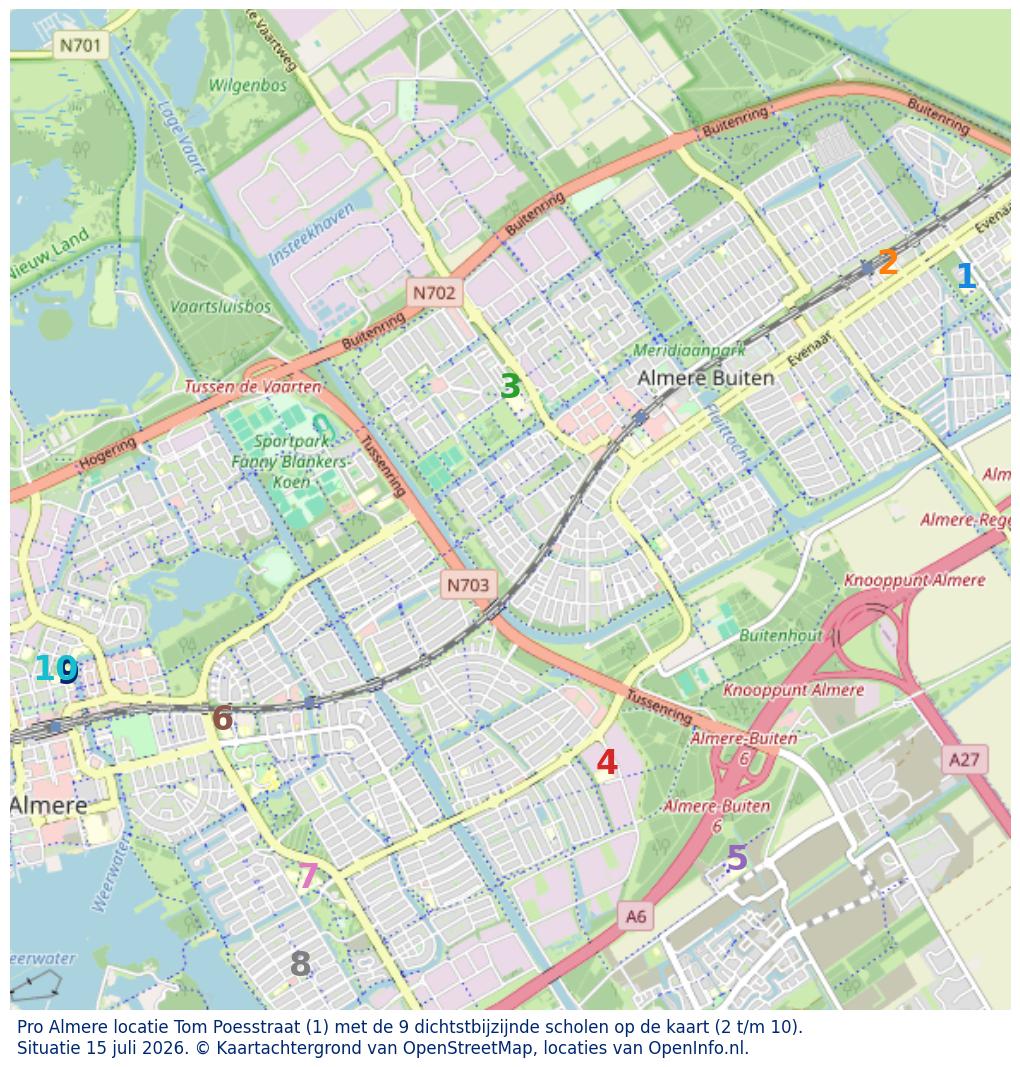 Kaart van de school met de tien dichtsbijzijnde scholen. Hierbij zijn de scholen genummerd van 1 tot en met 10. Nummer 1 is toegekend aan de schoolvestiging zelf: Pro Almere locatie Tom Poesstraat.