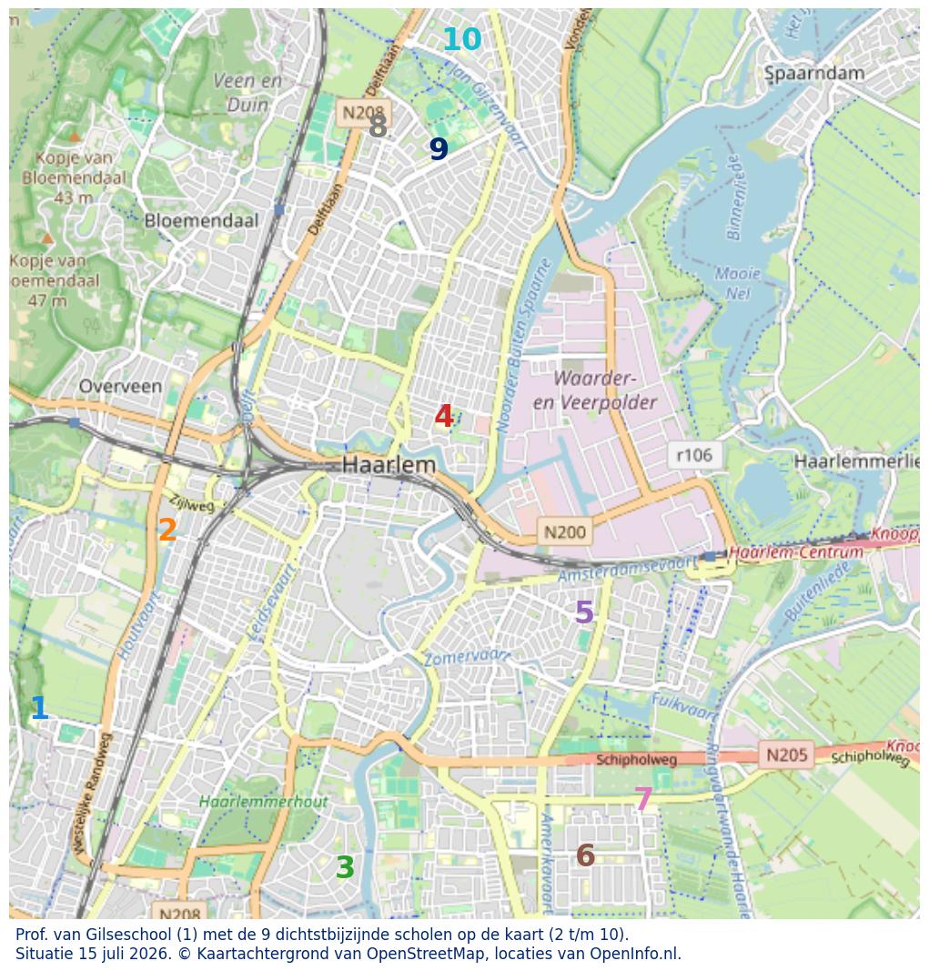 Kaart van de school met de tien dichtsbijzijnde scholen. Hierbij zijn de scholen genummerd van 1 tot en met 10. Nummer 1 is toegekend aan de schoolvestiging zelf: Prof. van Gilseschool.