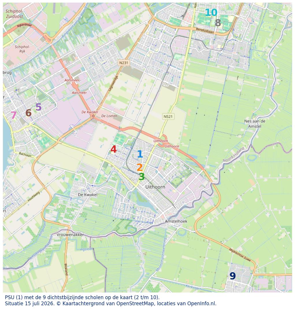 Kaart van de school met de tien dichtsbijzijnde scholen. Hierbij zijn de scholen genummerd van 1 tot en met 10. Nummer 1 is toegekend aan de schoolvestiging zelf: PSU.