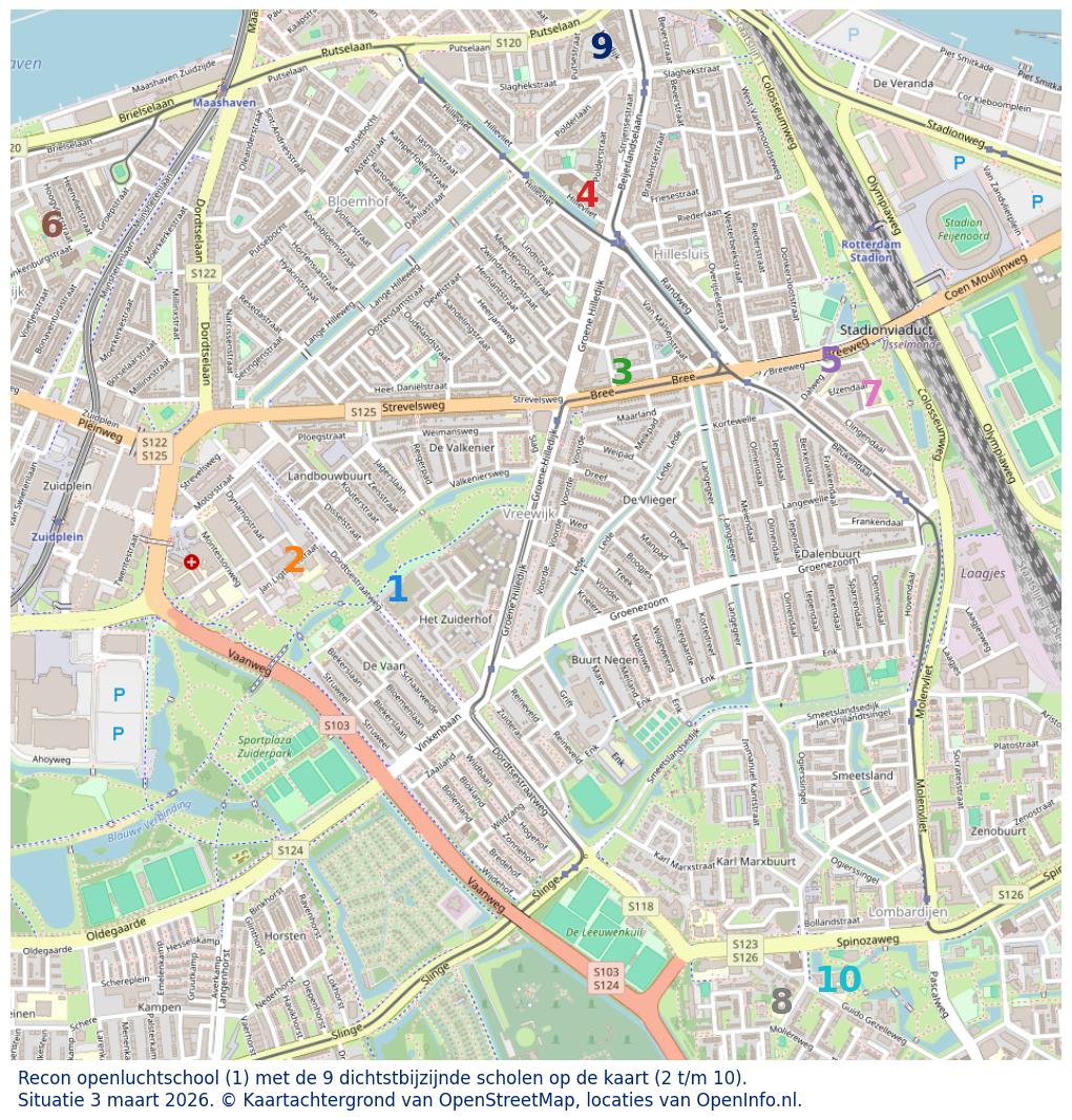Kaart van de school met de tien dichtsbijzijnde scholen. Hierbij zijn de scholen genummerd van 1 tot en met 10. Nummer 1 is toegekend aan de schoolvestiging zelf: Recon openluchtschool.