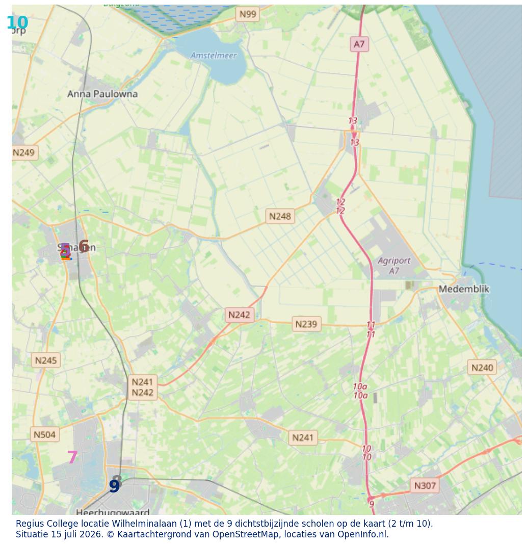 Kaart van de school met de tien dichtsbijzijnde scholen. Hierbij zijn de scholen genummerd van 1 tot en met 10. Nummer 1 is toegekend aan de schoolvestiging zelf: Regius College locatie Wilhelminalaan.