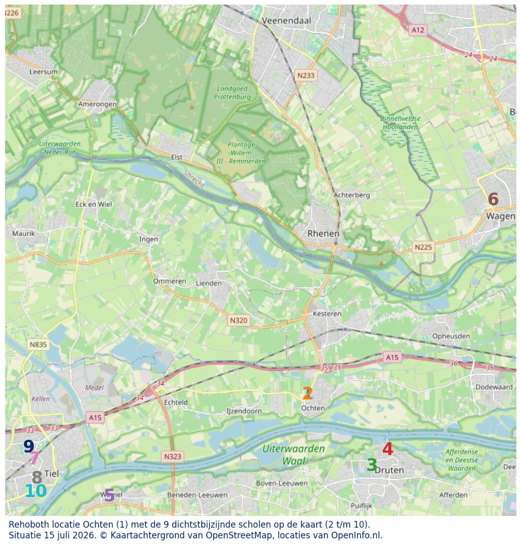 Kaart van de school met de tien dichtsbijzijnde scholen. Hierbij zijn de scholen genummerd van 1 tot en met 10. Nummer 1 is toegekend aan de schoolvestiging zelf: Rehoboth locatie Ochten.
