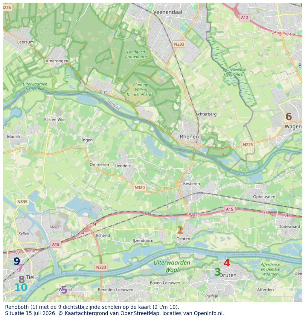 Kaart van de school met de tien dichtsbijzijnde scholen. Hierbij zijn de scholen genummerd van 1 tot en met 10. Nummer 1 is toegekend aan de schoolvestiging zelf: Rehoboth.