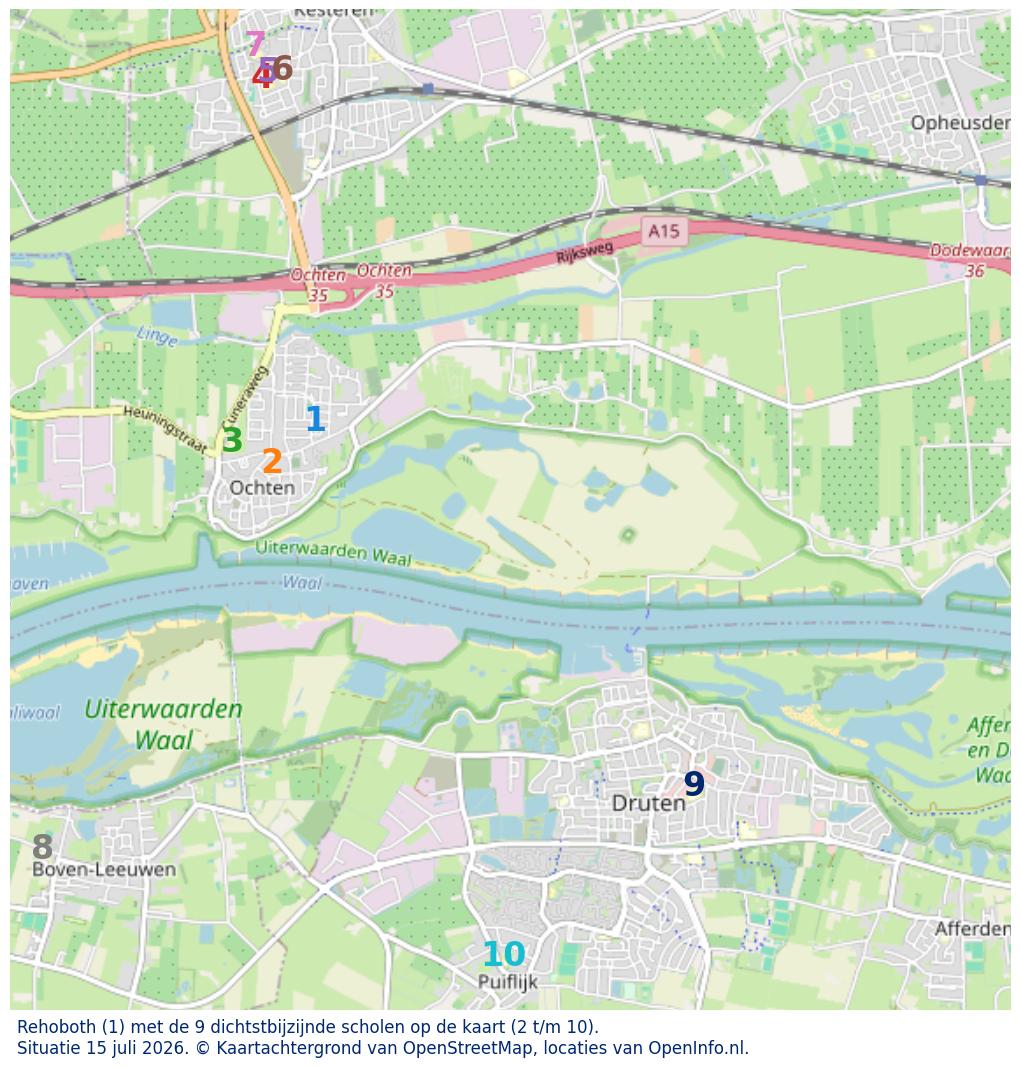 Kaart van de school met de tien dichtsbijzijnde scholen. Hierbij zijn de scholen genummerd van 1 tot en met 10. Nummer 1 is toegekend aan de schoolvestiging zelf: Rehoboth.