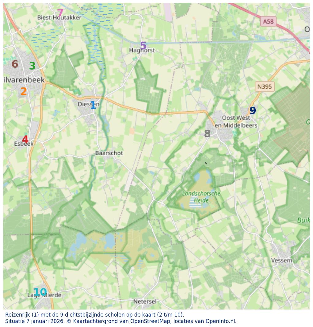 Kaart van de school met de tien dichtsbijzijnde scholen. Hierbij zijn de scholen genummerd van 1 tot en met 10. Nummer 1 is toegekend aan de schoolvestiging zelf: Reizenrijk.