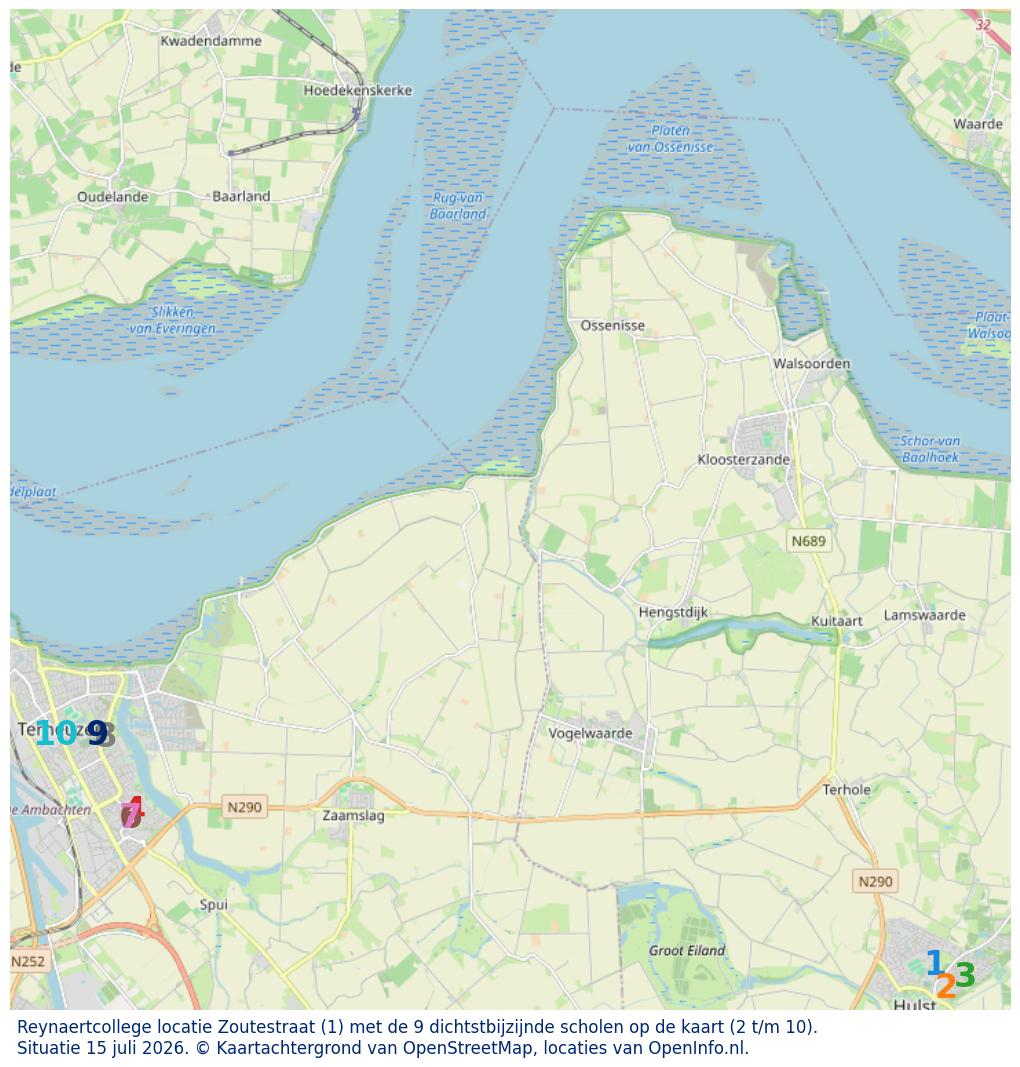 Kaart van de school met de tien dichtsbijzijnde scholen. Hierbij zijn de scholen genummerd van 1 tot en met 10. Nummer 1 is toegekend aan de schoolvestiging zelf: Reynaertcollege locatie Zoutestraat.