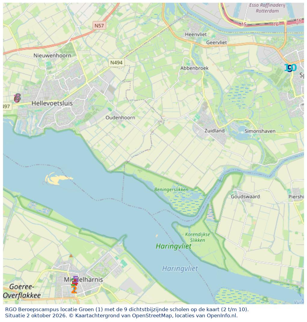 Kaart van de school met de tien dichtstbijzijnde scholen. Hierbij zijn de scholen genummerd van 1 tot en met 10. Nummer 1 is toegekend aan de schoolvestiging zelf: RGO Beroepscampus locatie Groen.