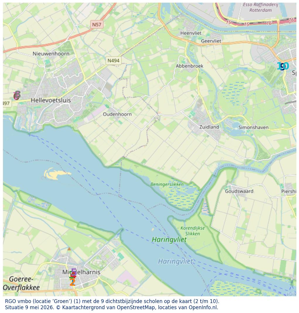 Kaart van de school met de tien dichtsbijzijnde scholen. Hierbij zijn de scholen genummerd van 1 tot en met 10. Nummer 1 is toegekend aan de schoolvestiging zelf: RGO vmbo (locatie ’Groen’).