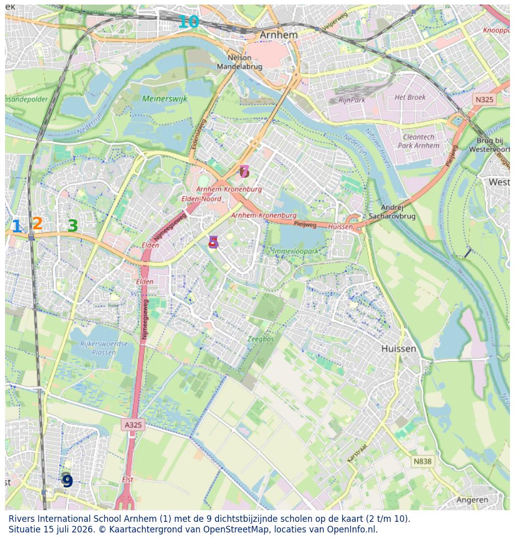 Kaart van de school met de tien dichtsbijzijnde scholen. Hierbij zijn de scholen genummerd van 1 tot en met 10. Nummer 1 is toegekend aan de schoolvestiging zelf: Rivers International School Arnhem.