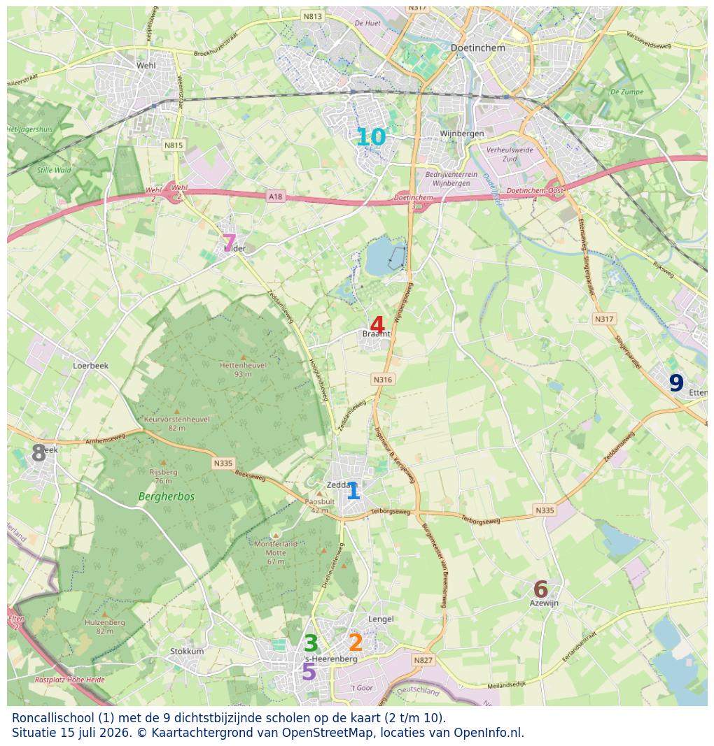 Kaart van de school met de tien dichtsbijzijnde scholen. Hierbij zijn de scholen genummerd van 1 tot en met 10. Nummer 1 is toegekend aan de schoolvestiging zelf: Roncallischool.