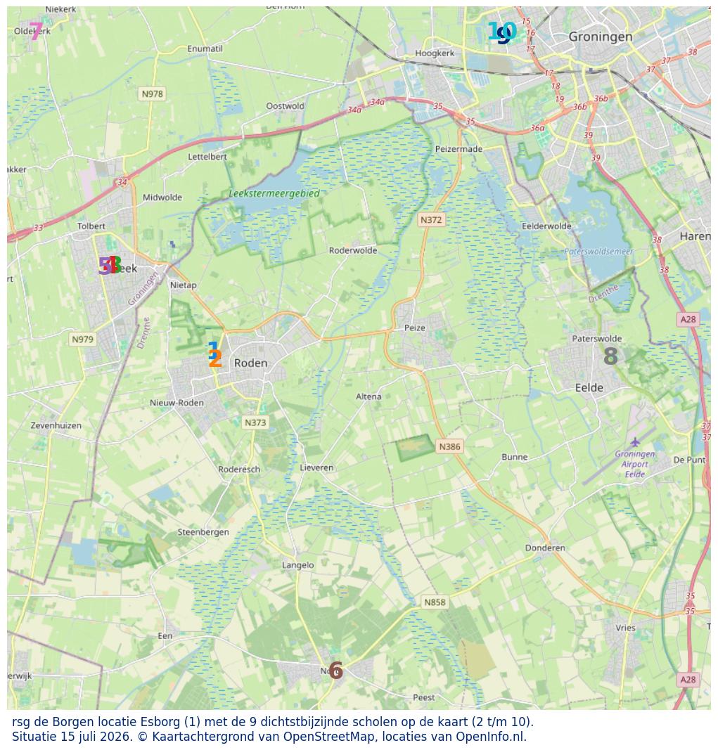 Kaart van de school met de tien dichtsbijzijnde scholen. Hierbij zijn de scholen genummerd van 1 tot en met 10. Nummer 1 is toegekend aan de schoolvestiging zelf: rsg de Borgen locatie Esborg.