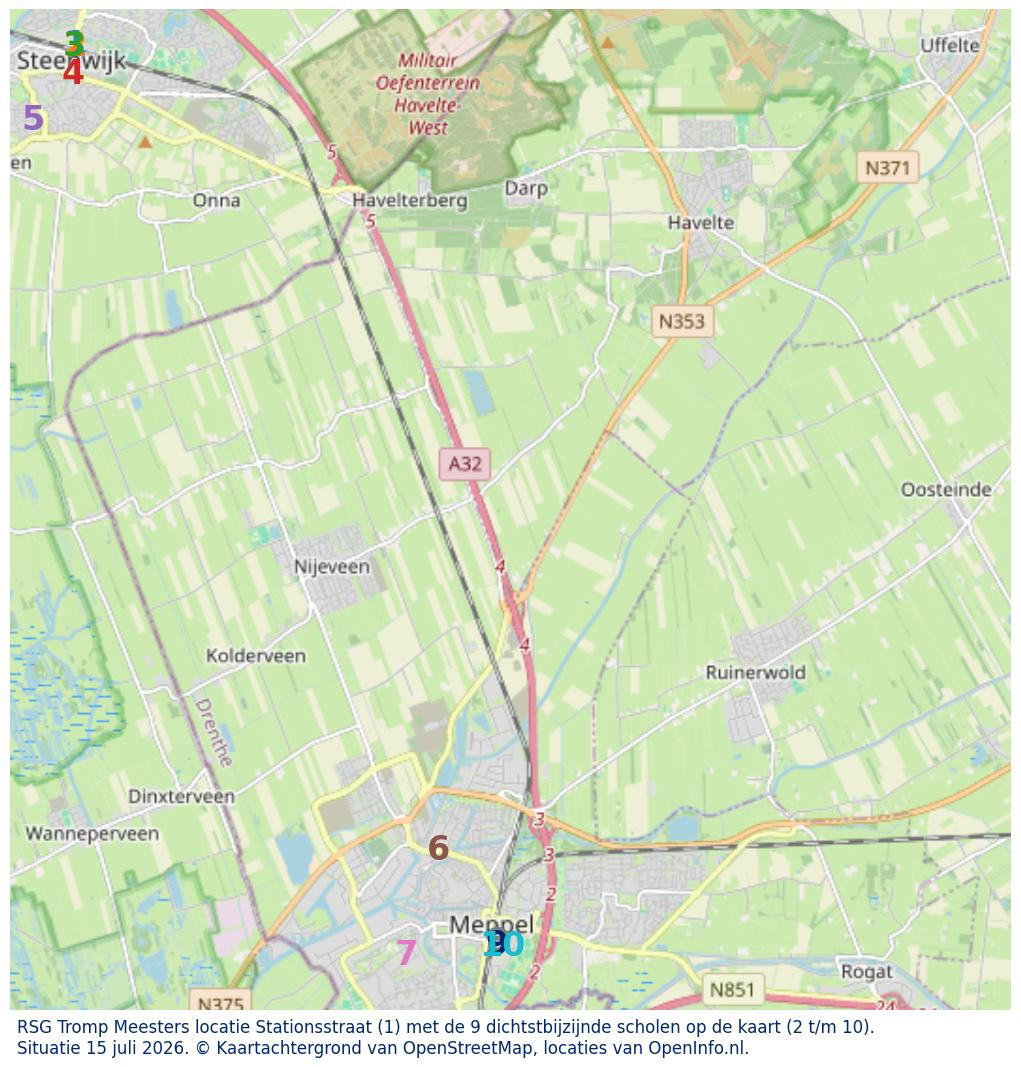 Kaart van de school met de tien dichtsbijzijnde scholen. Hierbij zijn de scholen genummerd van 1 tot en met 10. Nummer 1 is toegekend aan de schoolvestiging zelf: RSG Tromp Meesters locatie Stationsstraat.