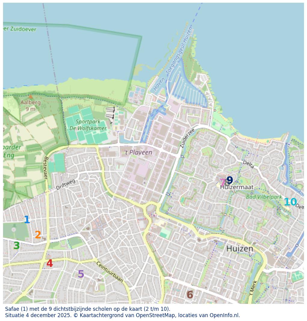 Kaart van de school met de tien dichtsbijzijnde scholen. Hierbij zijn de scholen genummerd van 1 tot en met 10. Nummer 1 is toegekend aan de schoolvestiging zelf: Safae.