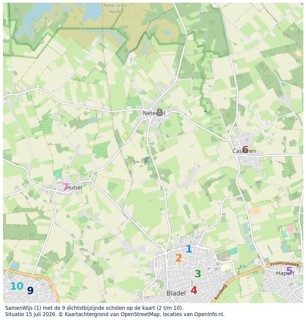 Kaart van de school met de tien dichtsbijzijnde scholen. Hierbij zijn de scholen genummerd van 1 tot en met 10. Nummer 1 is toegekend aan de schoolvestiging zelf: SamenWijs.