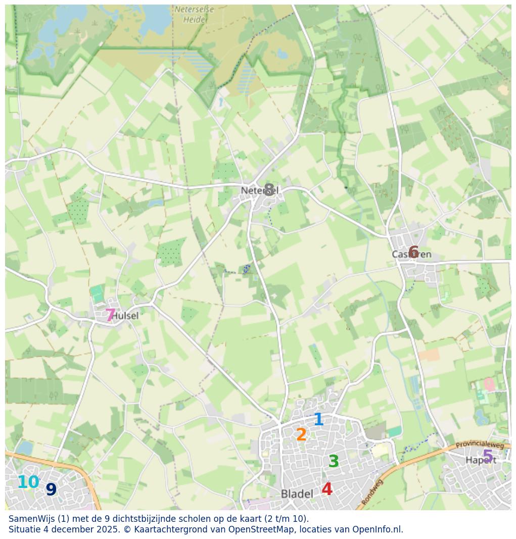 Kaart van de school met de tien dichtsbijzijnde scholen. Hierbij zijn de scholen genummerd van 1 tot en met 10. Nummer 1 is toegekend aan de schoolvestiging zelf: SamenWijs.