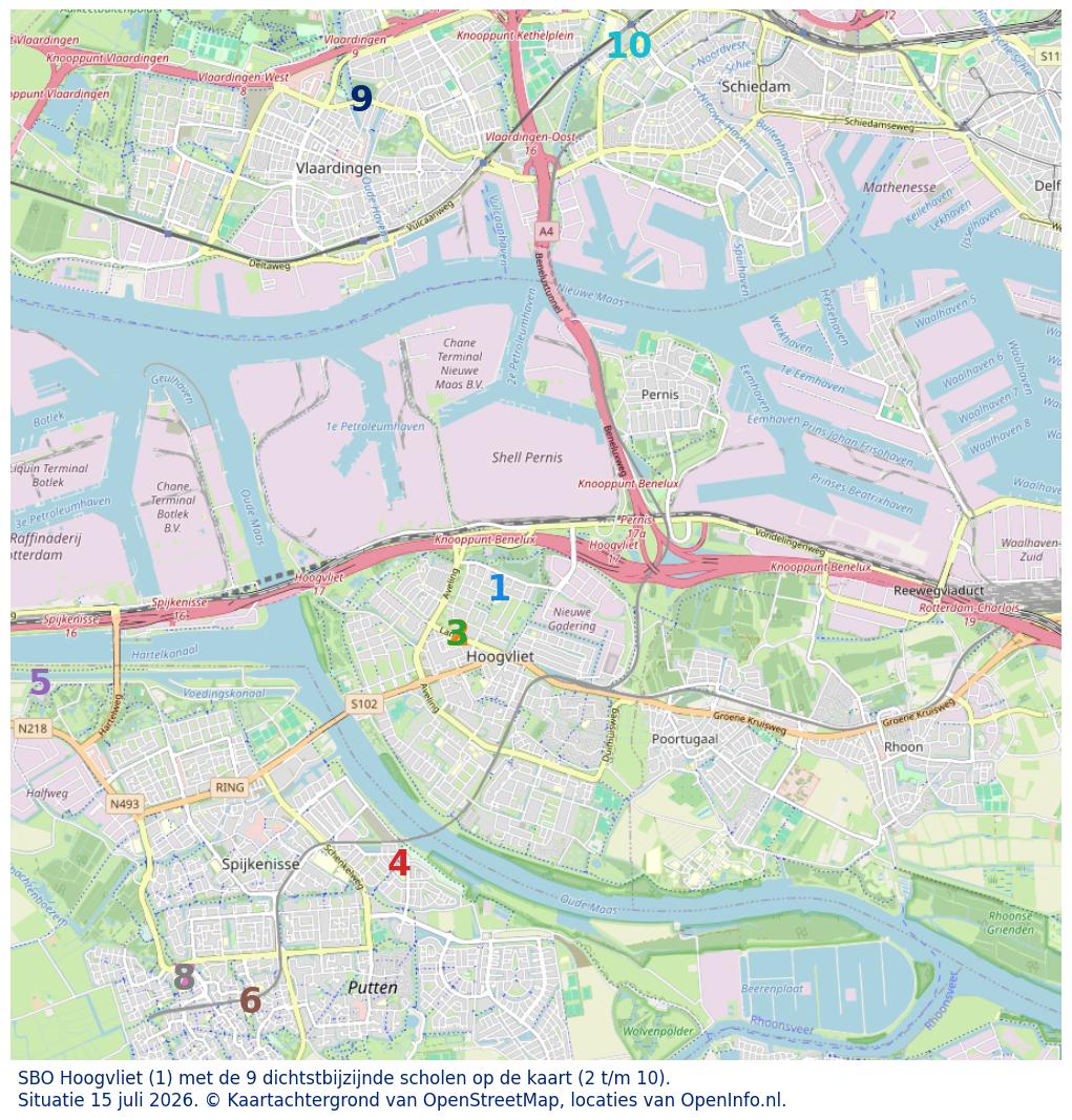 Kaart van de school met de tien dichtsbijzijnde scholen. Hierbij zijn de scholen genummerd van 1 tot en met 10. Nummer 1 is toegekend aan de schoolvestiging zelf: SBO Hoogvliet.
