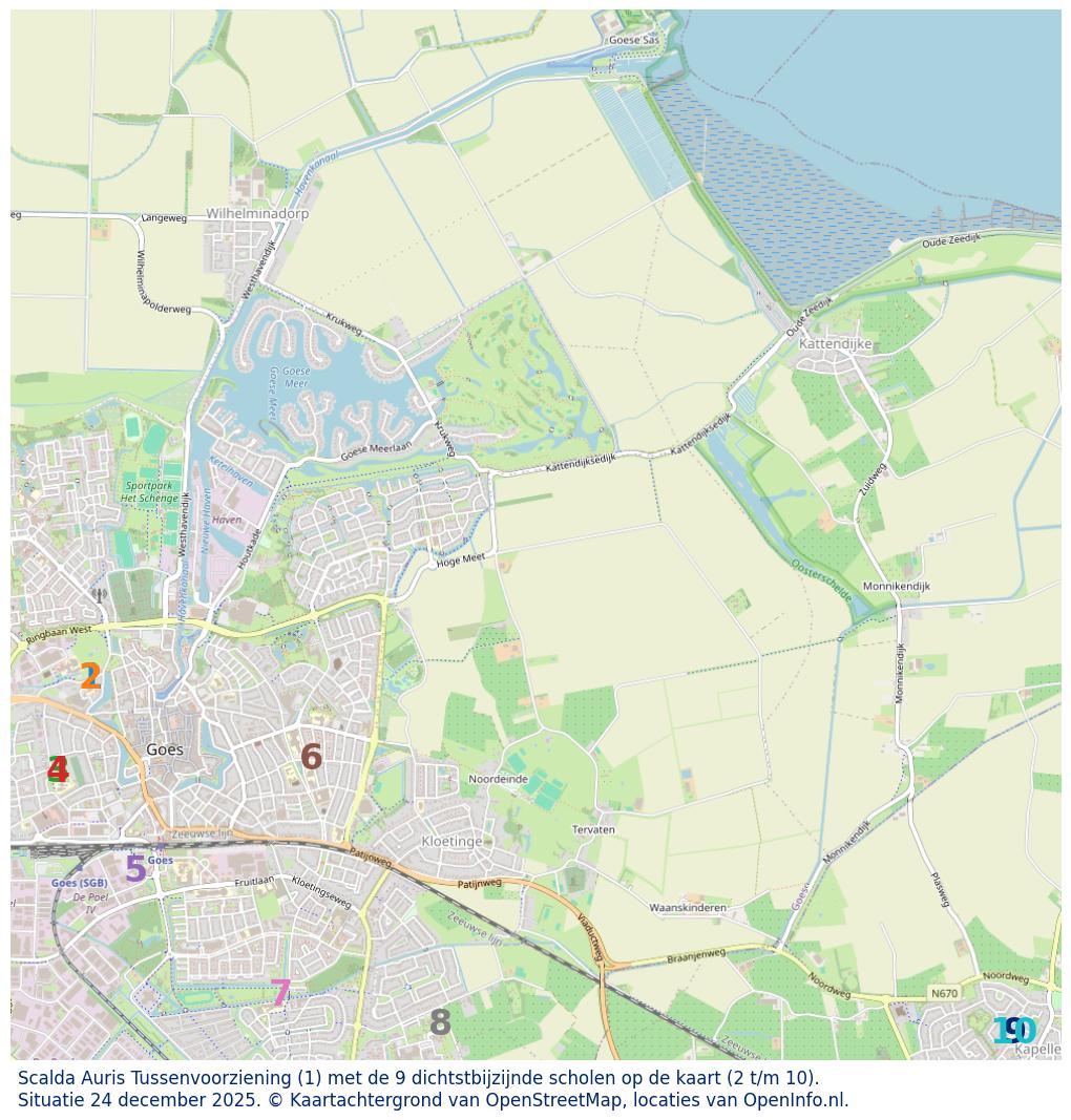 Kaart van de school met de tien dichtsbijzijnde scholen. Hierbij zijn de scholen genummerd van 1 tot en met 10. Nummer 1 is toegekend aan de schoolvestiging zelf: Scalda Auris Tussenvoorziening.