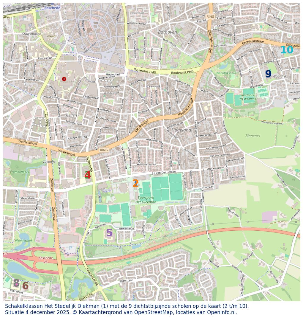 Kaart van de school met de tien dichtsbijzijnde scholen. Hierbij zijn de scholen genummerd van 1 tot en met 10. Nummer 1 is toegekend aan de schoolvestiging zelf: Schakelklassen Het Stedelijk Diekman.