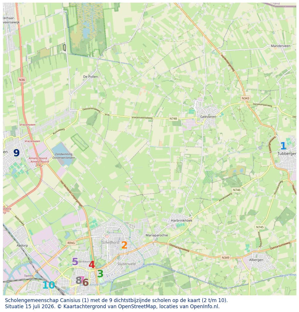 Kaart van de school met de tien dichtsbijzijnde scholen. Hierbij zijn de scholen genummerd van 1 tot en met 10. Nummer 1 is toegekend aan de schoolvestiging zelf: Scholengemeenschap Canisius.
