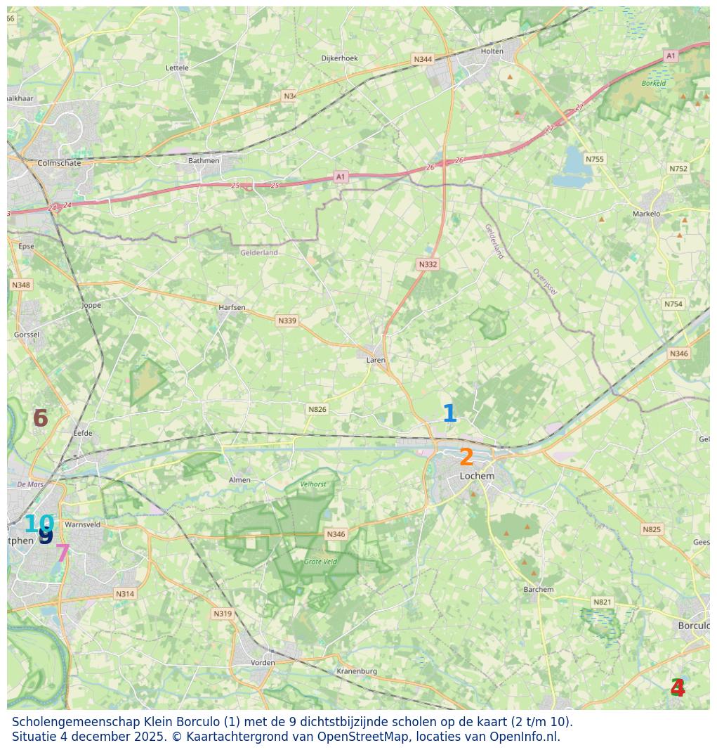Kaart van de school met de tien dichtsbijzijnde scholen. Hierbij zijn de scholen genummerd van 1 tot en met 10. Nummer 1 is toegekend aan de schoolvestiging zelf: Scholengemeenschap Klein Borculo.