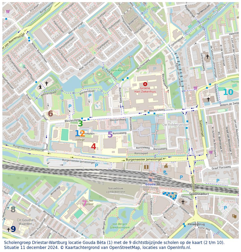 Kaart van de school met de tien dichtsbijzijnde scholen. Hierbij zijn de scholen genummerd van 1 tot en met 10. Nummer 1 is toegekend aan de schoolvestiging zelf: Scholengroep Driestar-Wartburg locatie Gouda Bèta.