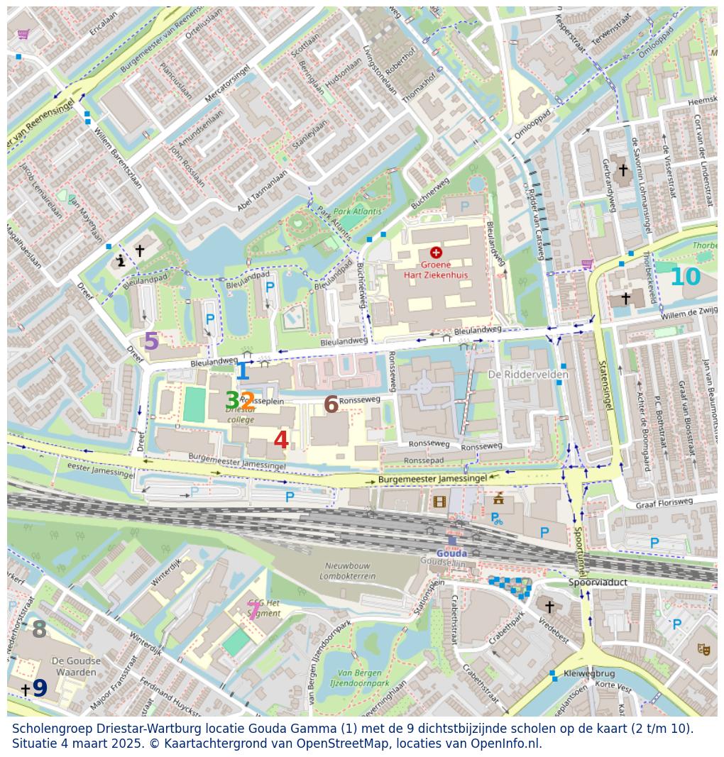 Kaart van de school met de tien dichtsbijzijnde scholen. Hierbij zijn de scholen genummerd van 1 tot en met 10. Nummer 1 is toegekend aan de schoolvestiging zelf: Scholengroep Driestar-Wartburg locatie Gouda Gamma.