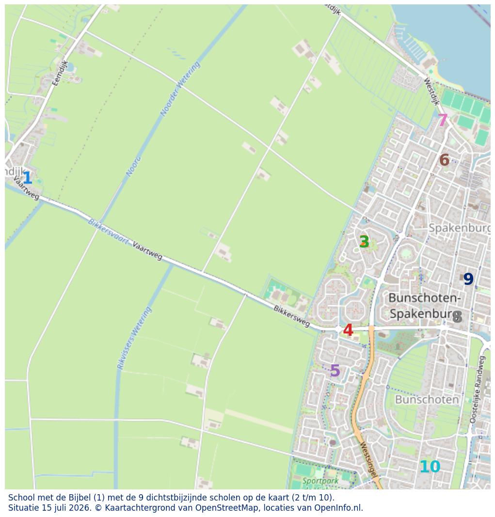 Kaart van de school met de tien dichtsbijzijnde scholen. Hierbij zijn de scholen genummerd van 1 tot en met 10. Nummer 1 is toegekend aan de schoolvestiging zelf: School met de Bijbel.