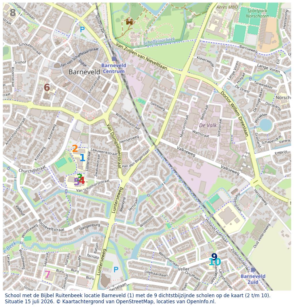 Kaart van de school met de tien dichtsbijzijnde scholen. Hierbij zijn de scholen genummerd van 1 tot en met 10. Nummer 1 is toegekend aan de schoolvestiging zelf: School met de Bijbel Ruitenbeek locatie Barneveld.