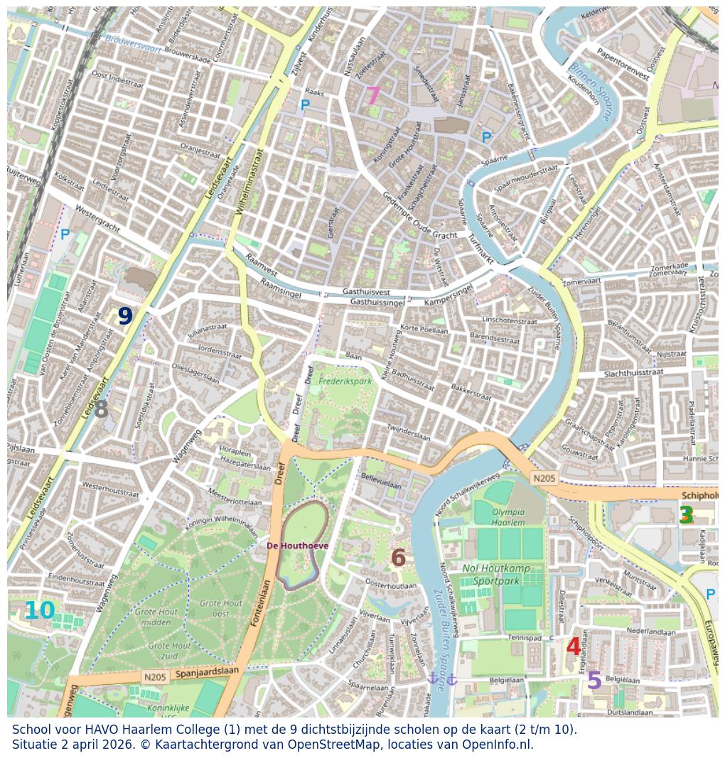 Kaart van de school met de tien dichtsbijzijnde scholen. Hierbij zijn de scholen genummerd van 1 tot en met 10. Nummer 1 is toegekend aan de schoolvestiging zelf: School voor HAVO Haarlem College.