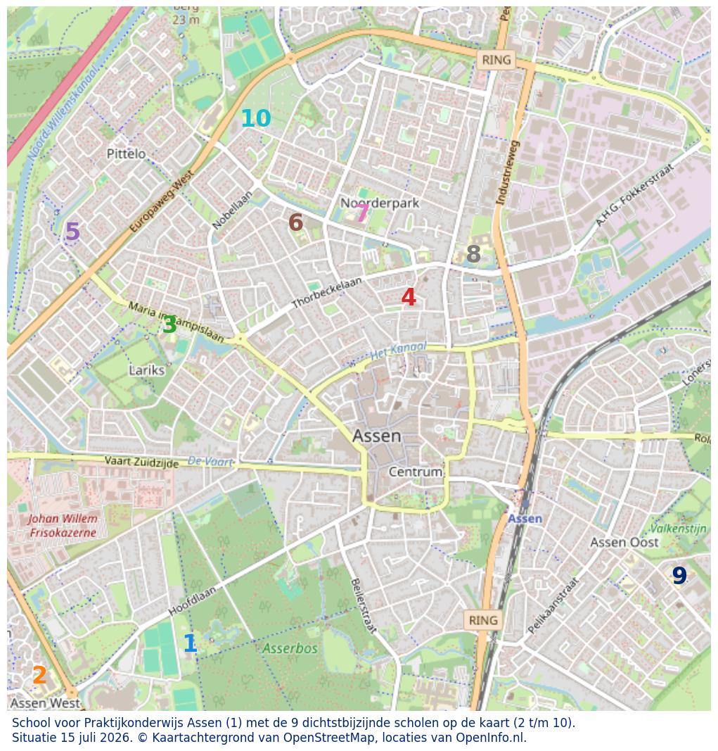 Kaart van de school met de tien dichtsbijzijnde scholen. Hierbij zijn de scholen genummerd van 1 tot en met 10. Nummer 1 is toegekend aan de schoolvestiging zelf: School voor Praktijkonderwijs Assen.