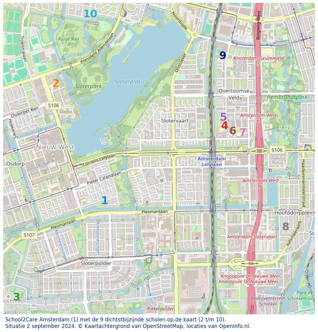Kaart van de school met de tien dichtsbijzijnde scholen. Hierbij zijn de scholen genummerd van 1 tot en met 10. Nummer 1 is toegekend aan de schoolvestiging zelf: School2Care Amsterdam.
