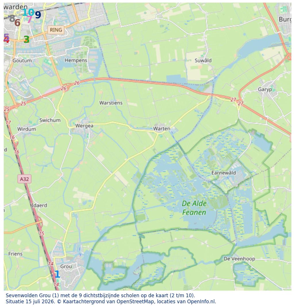 Kaart van de school met de tien dichtsbijzijnde scholen. Hierbij zijn de scholen genummerd van 1 tot en met 10. Nummer 1 is toegekend aan de schoolvestiging zelf: Sevenwolden Grou.