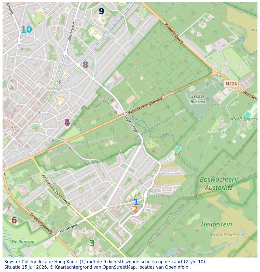 Kaart van de school met de tien dichtsbijzijnde scholen. Hierbij zijn de scholen genummerd van 1 tot en met 10. Nummer 1 is toegekend aan de schoolvestiging zelf: Seyster College locatie Hoog Kanje.