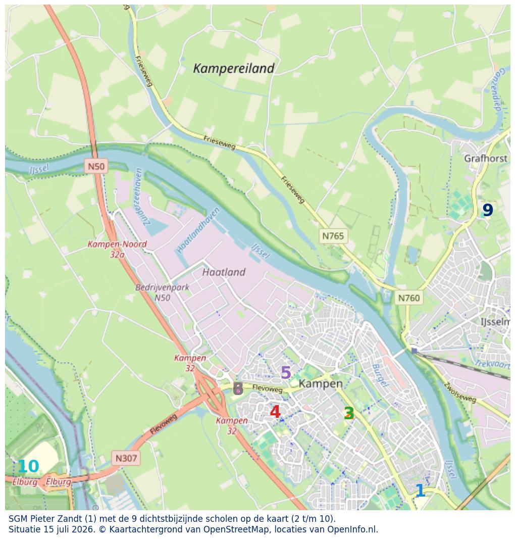 Kaart van de school met de tien dichtsbijzijnde scholen. Hierbij zijn de scholen genummerd van 1 tot en met 10. Nummer 1 is toegekend aan de schoolvestiging zelf: SGM Pieter Zandt.