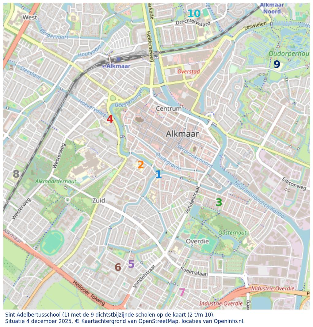 Kaart van de school met de tien dichtsbijzijnde scholen. Hierbij zijn de scholen genummerd van 1 tot en met 10. Nummer 1 is toegekend aan de schoolvestiging zelf: Sint Adelbertusschool.