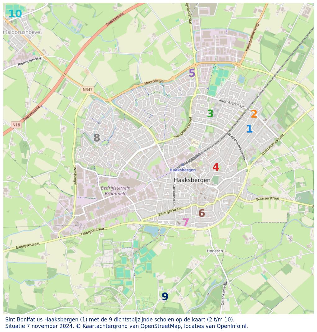 Kaart van de school met de tien dichtsbijzijnde scholen. Hierbij zijn de scholen genummerd van 1 tot en met 10. Nummer 1 is toegekend aan de schoolvestiging zelf: Sint Bonifatius Haaksbergen.