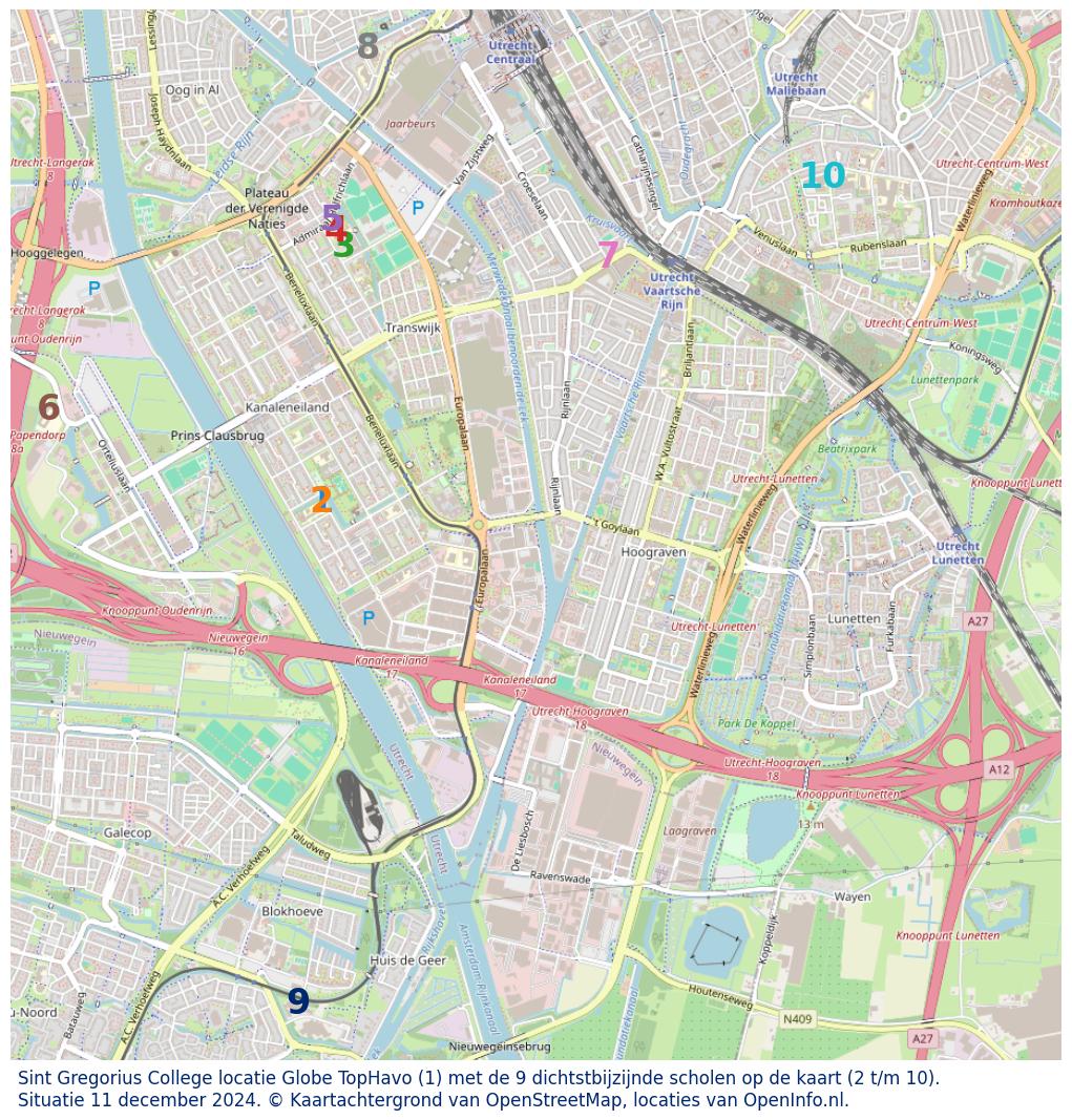 Kaart van de school met de tien dichtsbijzijnde scholen. Hierbij zijn de scholen genummerd van 1 tot en met 10. Nummer 1 is toegekend aan de schoolvestiging zelf: Sint Gregorius College locatie Globe TopHavo.