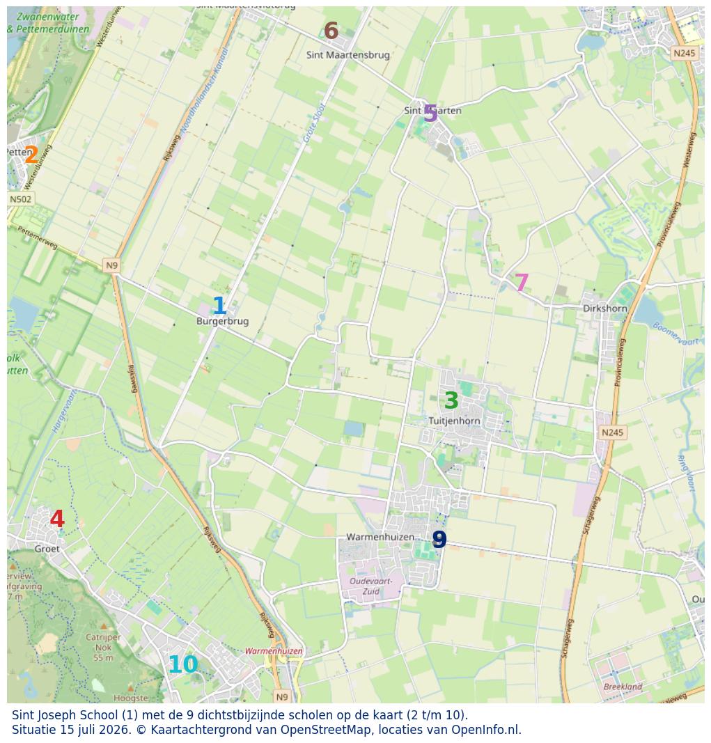 Kaart van de school met de tien dichtsbijzijnde scholen. Hierbij zijn de scholen genummerd van 1 tot en met 10. Nummer 1 is toegekend aan de schoolvestiging zelf: Sint Joseph School.