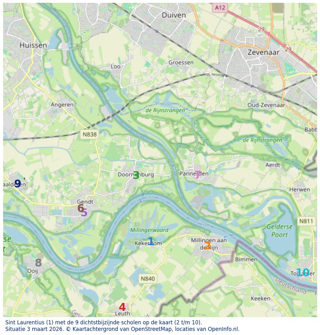 Kaart van de school met de tien dichtsbijzijnde scholen. Hierbij zijn de scholen genummerd van 1 tot en met 10. Nummer 1 is toegekend aan de schoolvestiging zelf: Sint Laurentius.