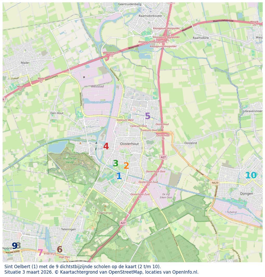 Kaart van de school met de tien dichtsbijzijnde scholen. Hierbij zijn de scholen genummerd van 1 tot en met 10. Nummer 1 is toegekend aan de schoolvestiging zelf: Sint Oelbert.