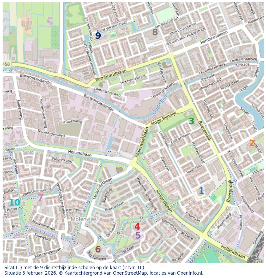 Kaart van de school met de tien dichtsbijzijnde scholen. Hierbij zijn de scholen genummerd van 1 tot en met 10. Nummer 1 is toegekend aan de schoolvestiging zelf: Sirat.