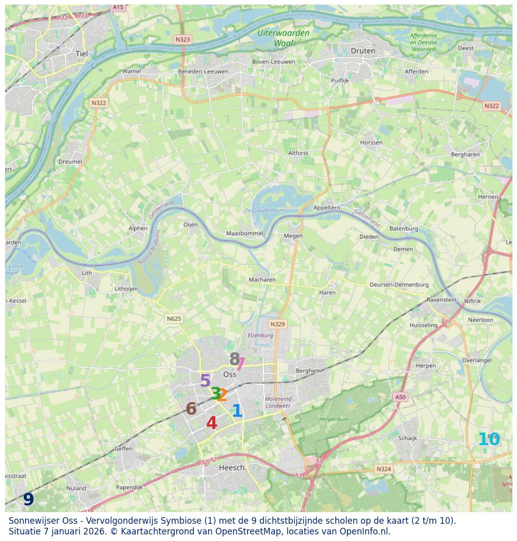 Kaart van de school met de tien dichtsbijzijnde scholen. Hierbij zijn de scholen genummerd van 1 tot en met 10. Nummer 1 is toegekend aan de schoolvestiging zelf: Sonnewijser Oss - Vervolgonderwijs Symbiose.
