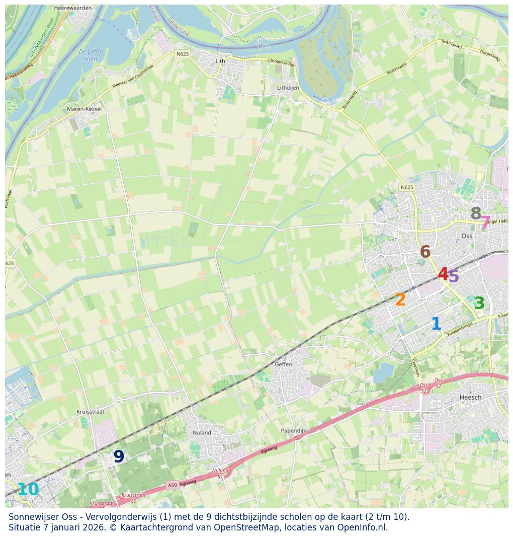 Kaart van de school met de tien dichtsbijzijnde scholen. Hierbij zijn de scholen genummerd van 1 tot en met 10. Nummer 1 is toegekend aan de schoolvestiging zelf: Sonnewijser Oss - Vervolgonderwijs.