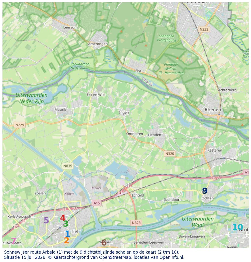 Kaart van de school met de tien dichtsbijzijnde scholen. Hierbij zijn de scholen genummerd van 1 tot en met 10. Nummer 1 is toegekend aan de schoolvestiging zelf: Sonnewijser route Arbeid.